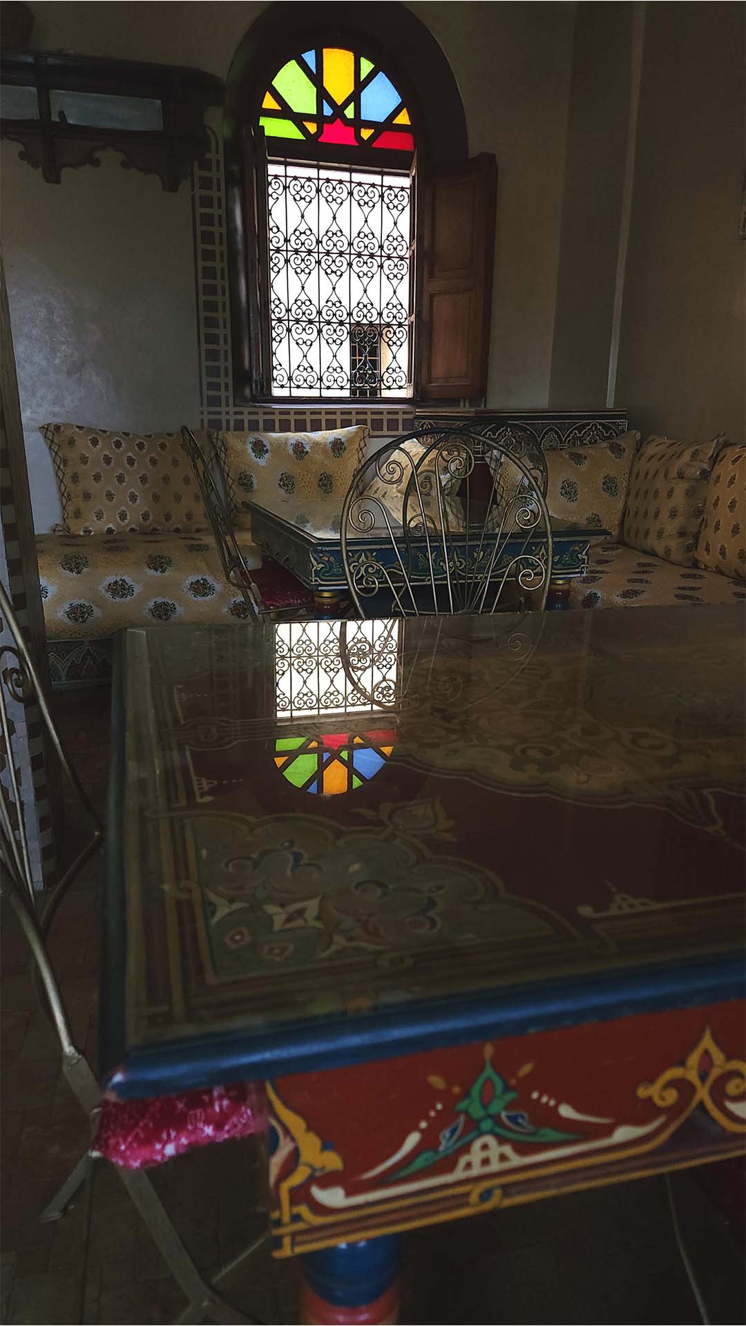 Traditional Moroccan restaurant seating on the first floor of Benyamna