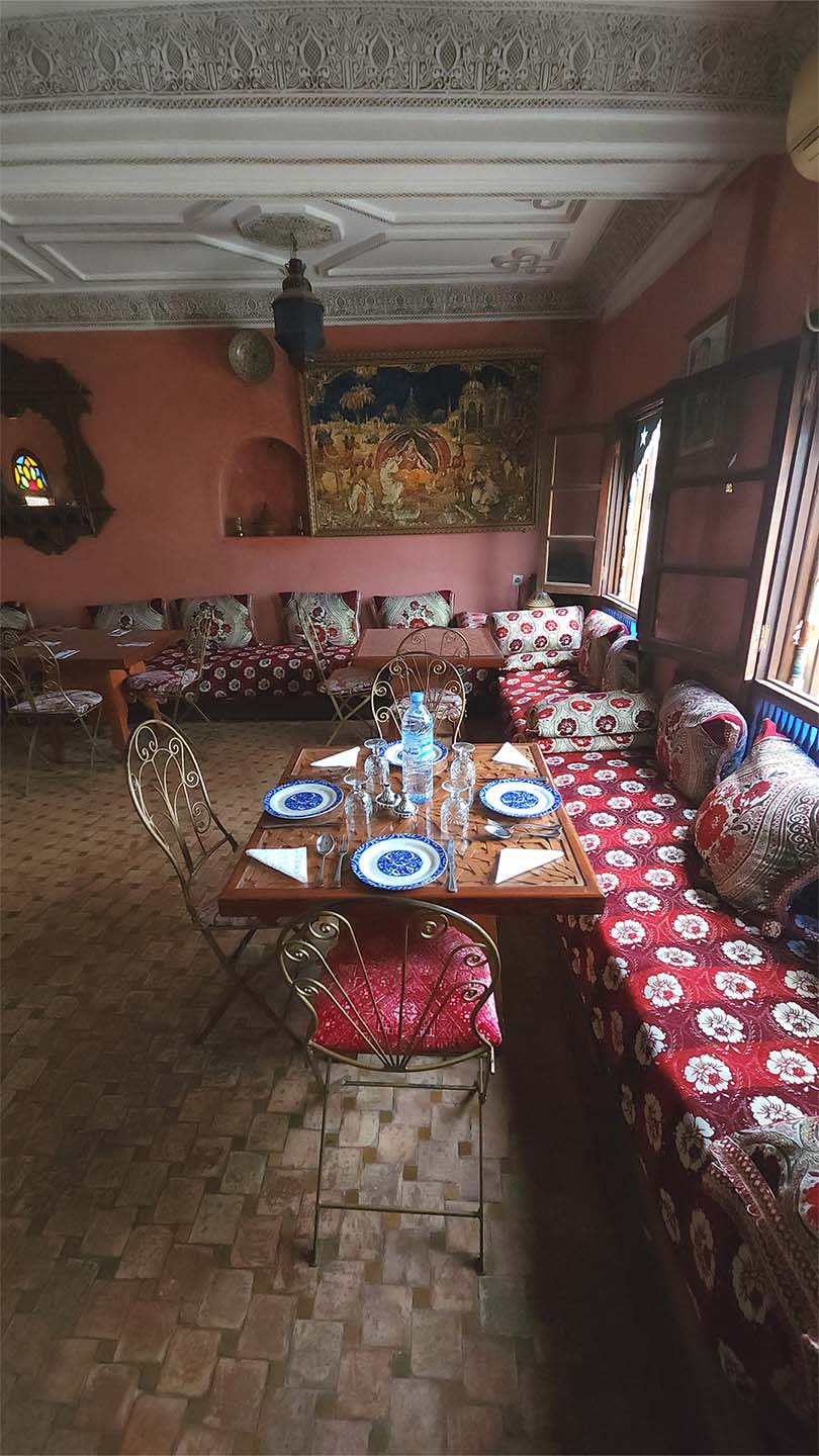 Comfortable second-floor restaurant space overlooking the Medina of Fes