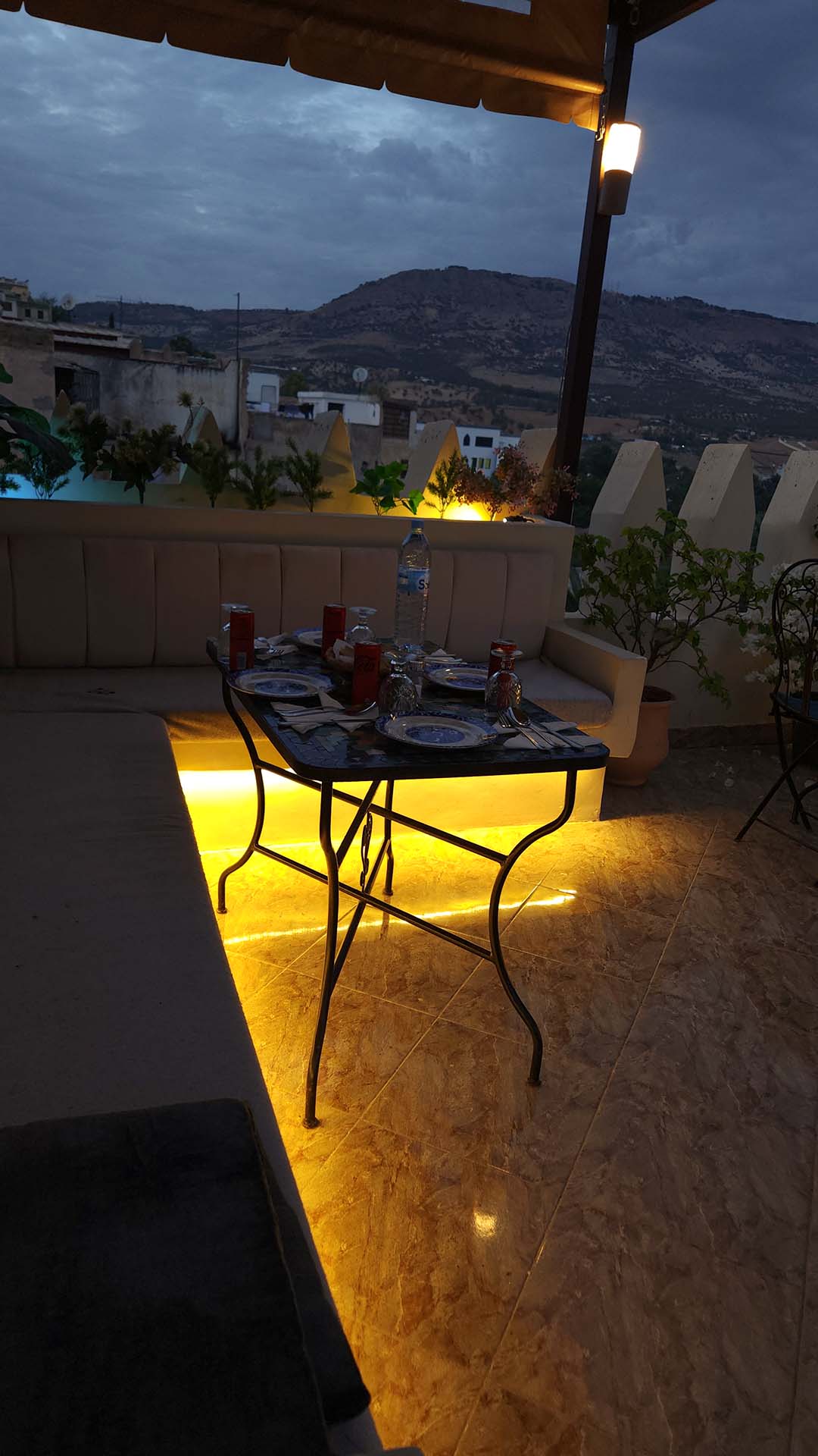 Elegant seating area at Benyamna Rooftop Restaurant Fes