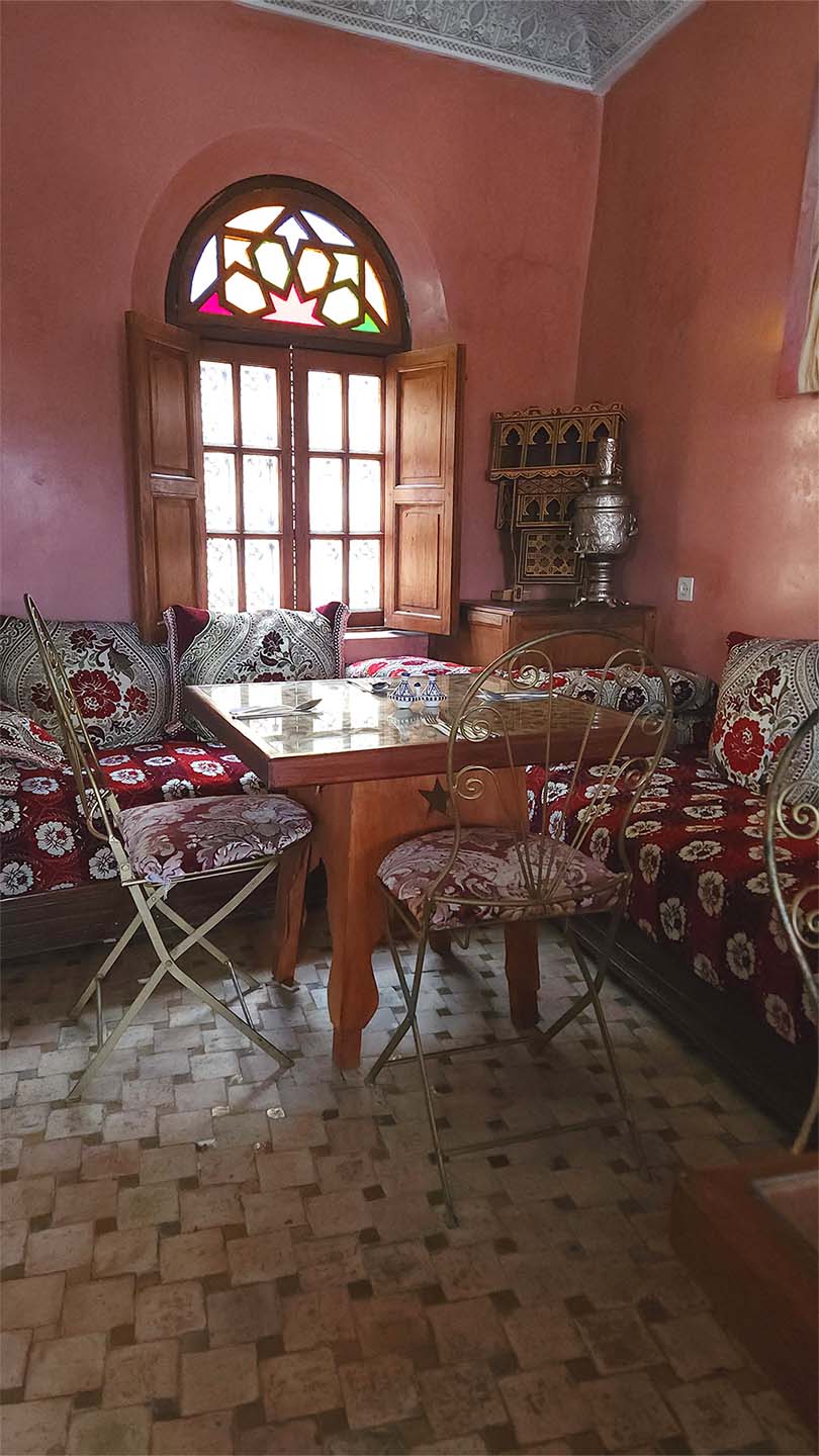 Second floor view overlooking the rooftop of Benyamna Restaurant in Fes