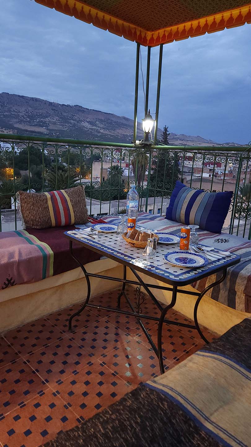 Rooftop terrace view of Benyamna Restaurant in Fes – interior photos