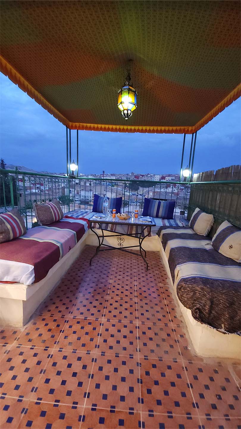 Rooftop terrace view of Benyamna Restaurant in Fes – interior photos
