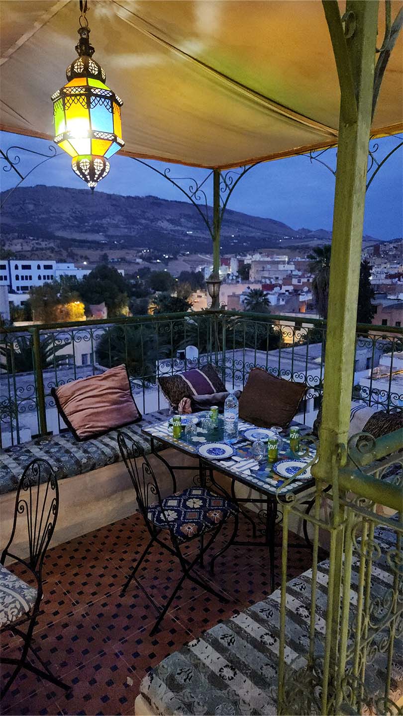 Rooftop terrace view of Benyamna Restaurant in Fes – interior photos