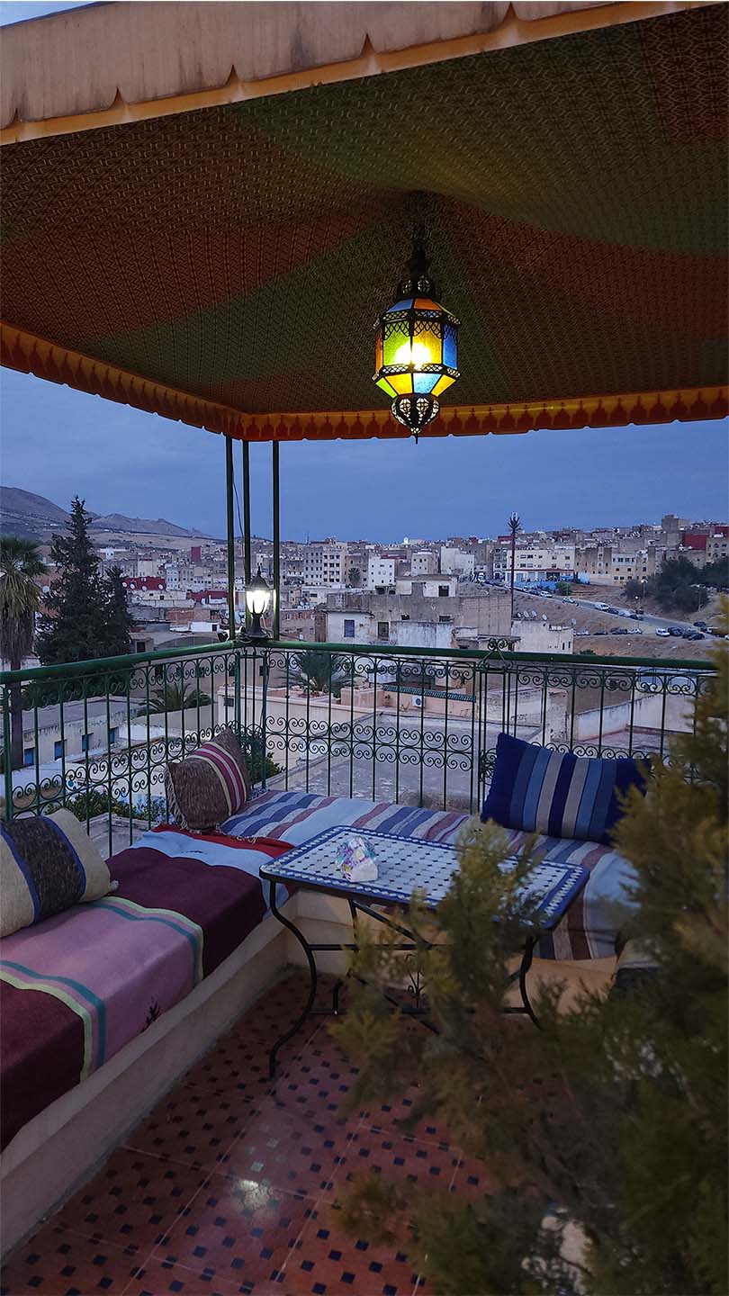 Rooftop terrace view of Benyamna Restaurant in Fes – interior photos